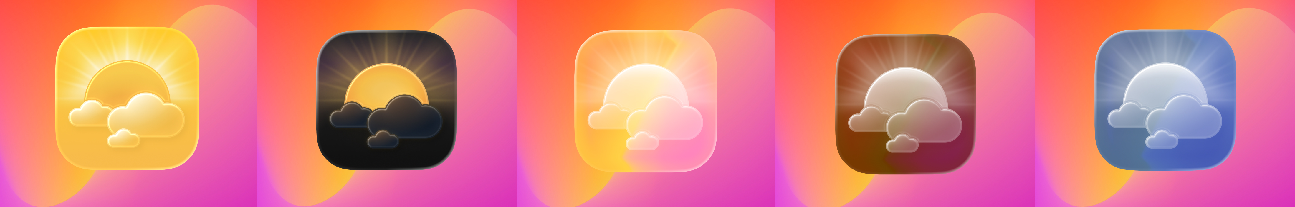 App icon adapted across modes — default, dark, clear glass and tinted