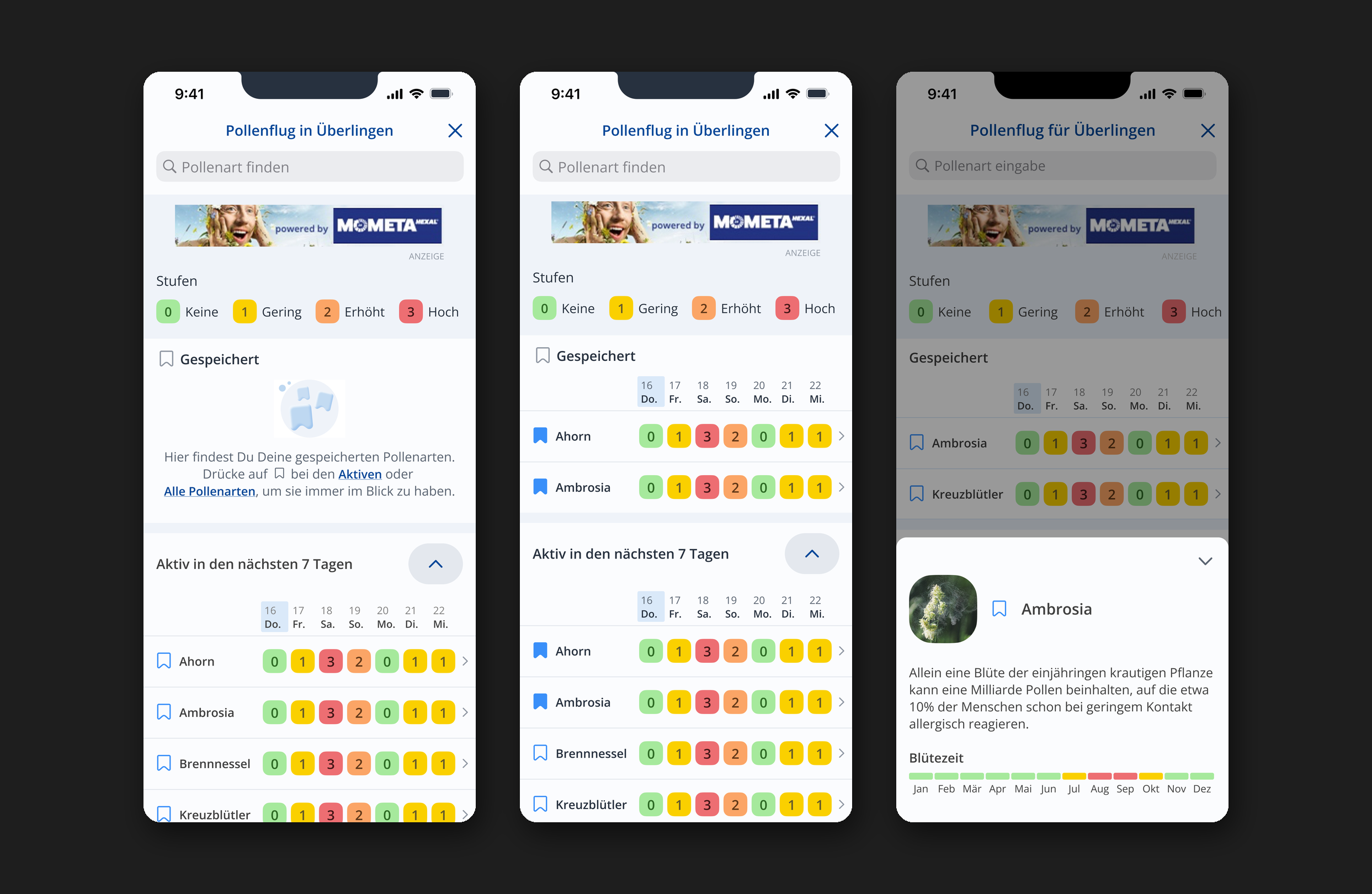 Pollen forecast redesign — empty state, saved & active lists, and a plant detail