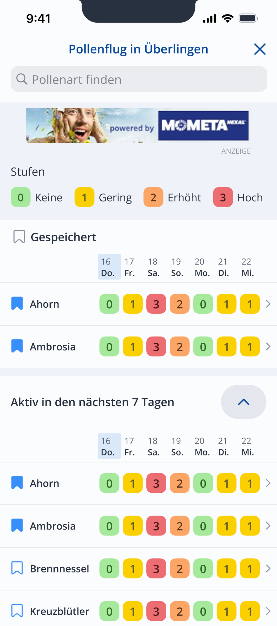 Pollen — saved types (Ahorn, Ambrosia) on a colour-graded 7-day grid, an alerts toggle, and the active list