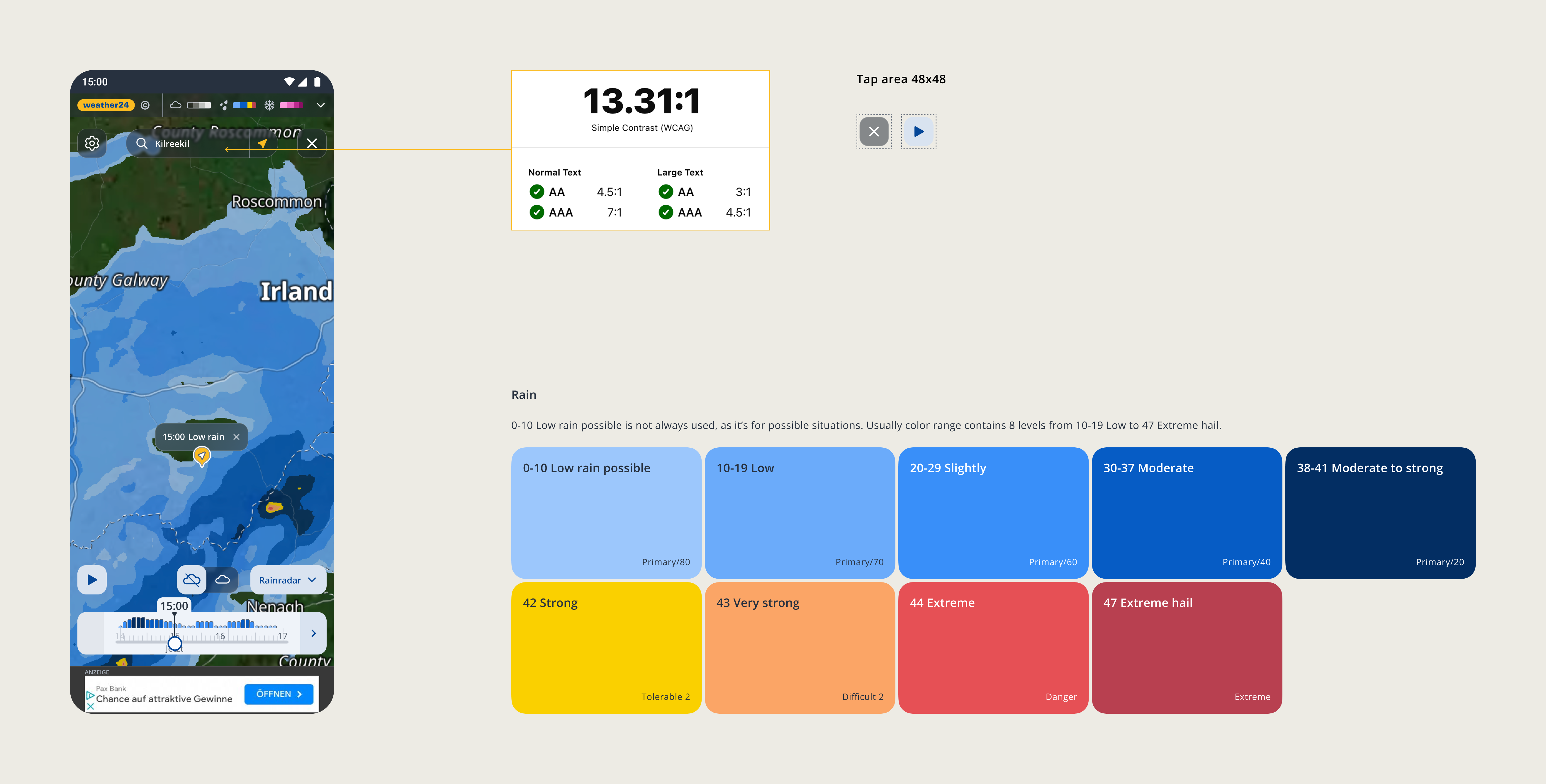 Redesigned radar full-screen — translucent accessible controls, location tooltip, WCAG 13.31:1 contrast check, 48x48 tap targets and the calibrated rain colour scale from Low to Extreme hail