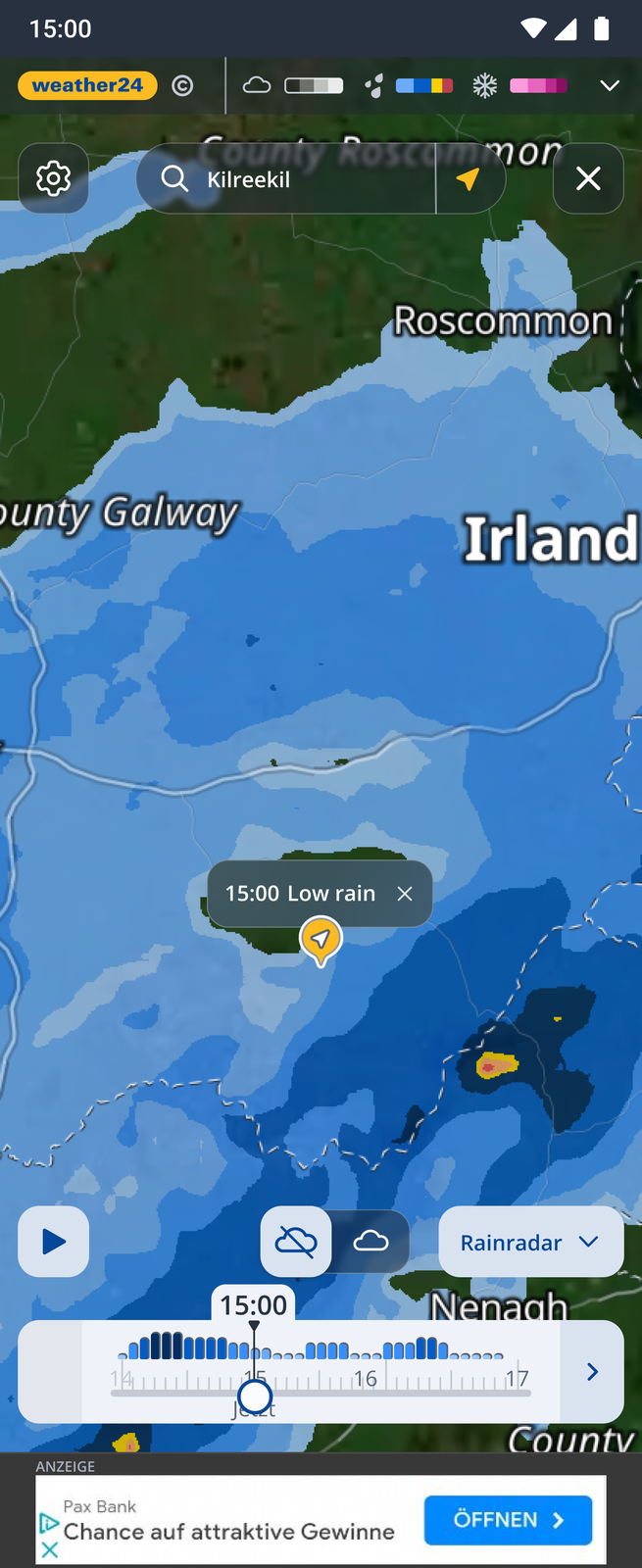 Redesigned precipitation radar — calmer map, translucent controls, a readable bar-chart timeline