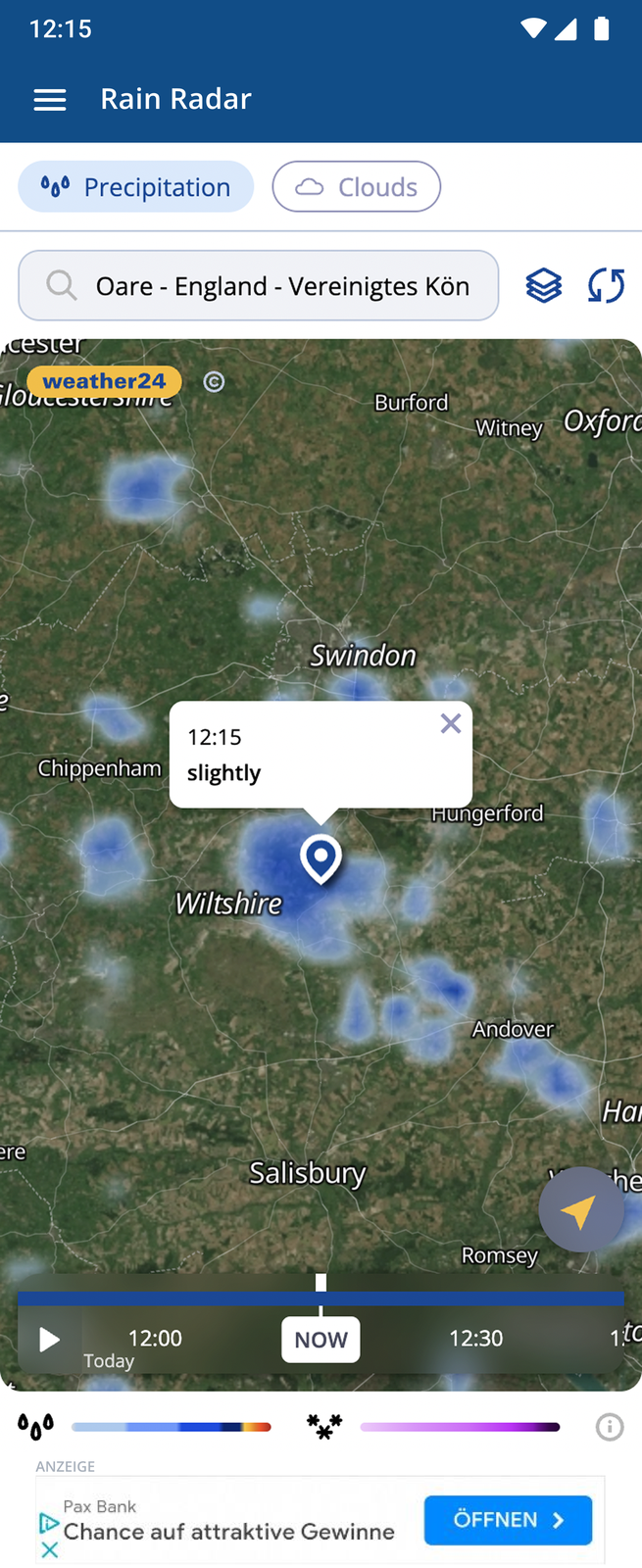 Old rain radar — busy satellite map, cramped tooltip and a thin timeline scrubber