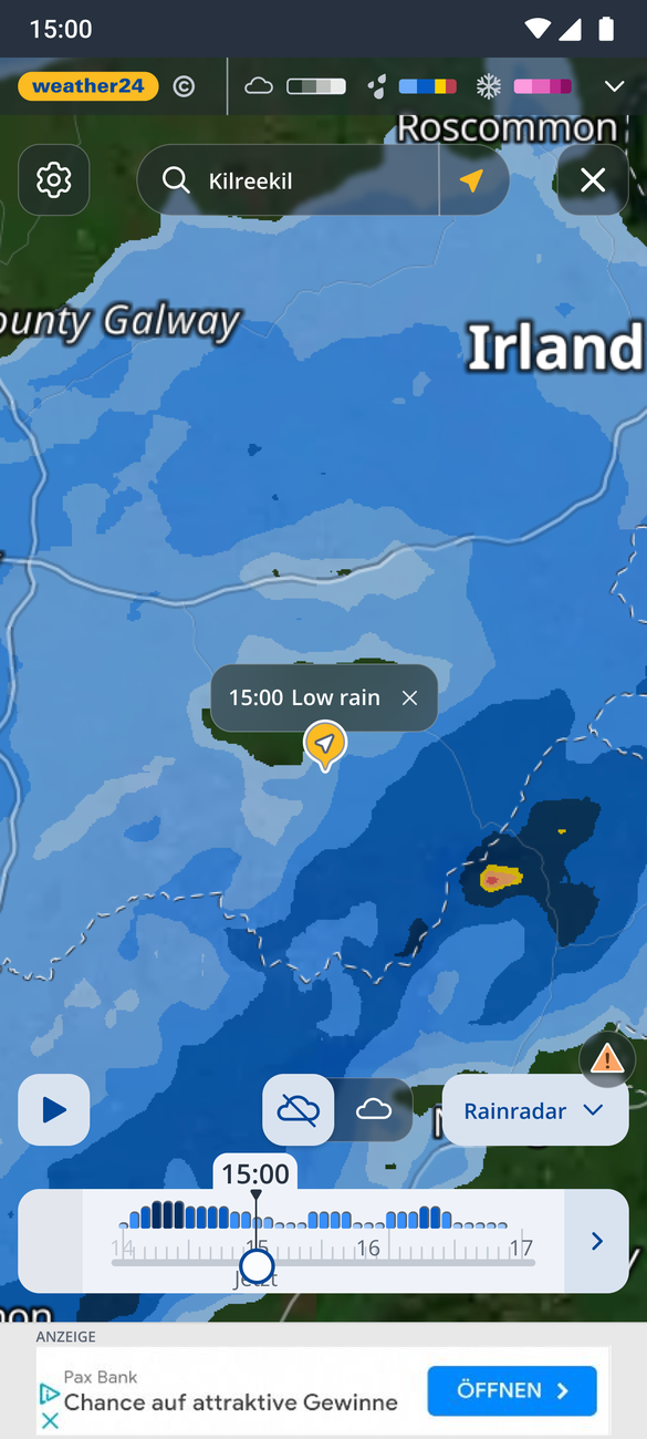 Rain radar — precipitation over Ireland with the cloud toggle and timeline