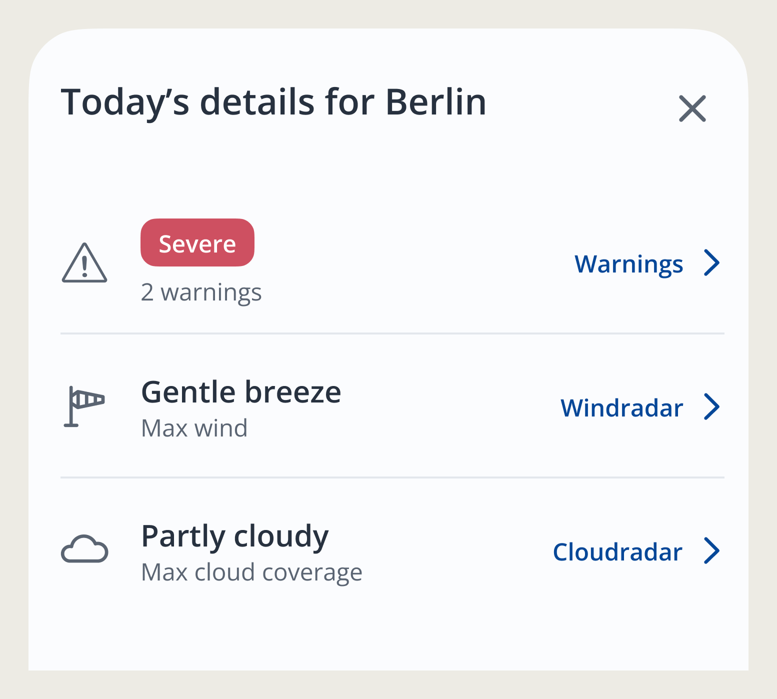 Today's details panel — one place to jump into the Warnings, Wind and Cloud radars