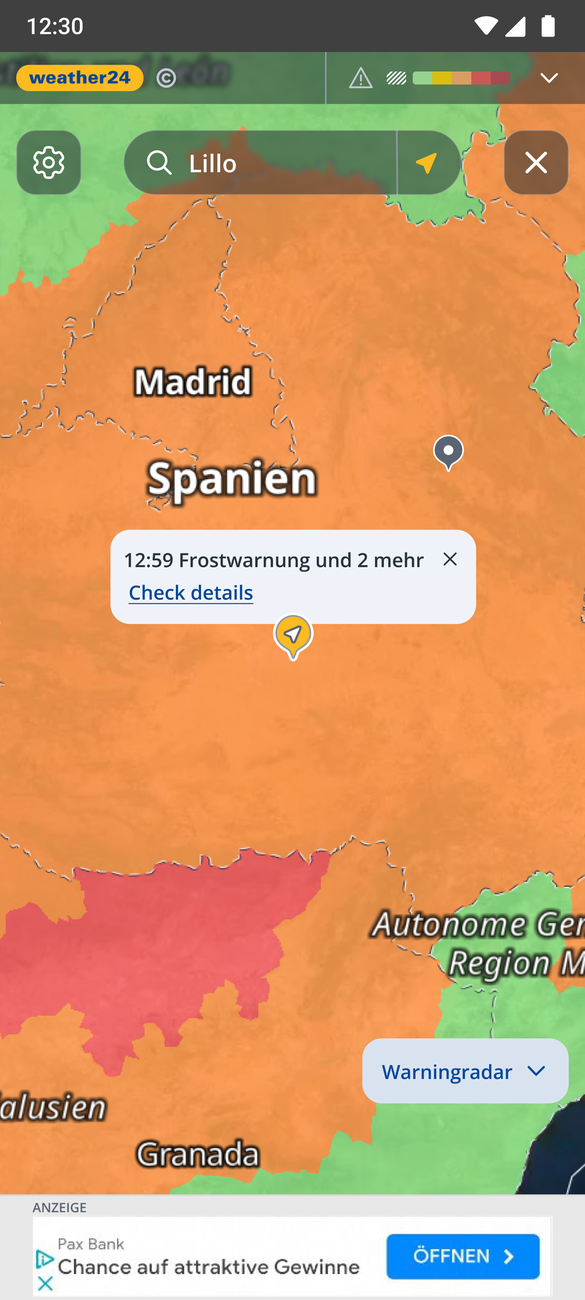 Warning radar — colour-coded weather warnings over Spain