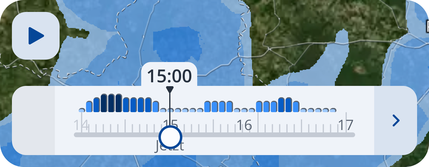 New radar timeline — a bar chart encoding precipitation intensity by both color and bar height