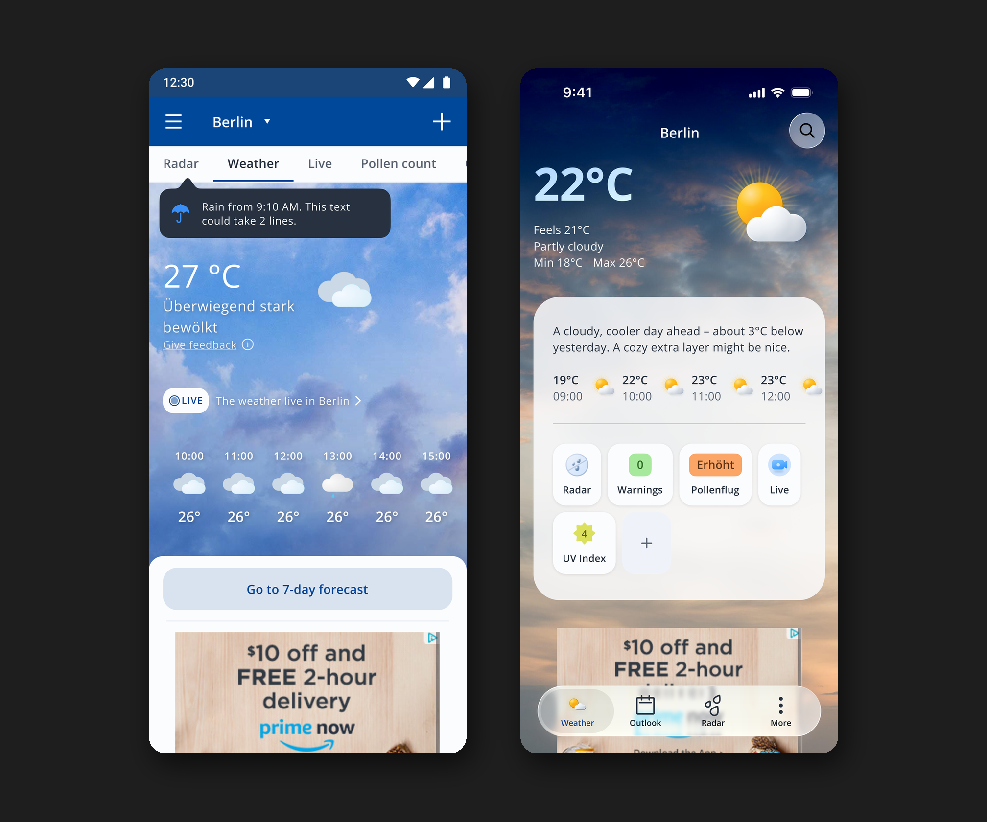 wetter.com apps — old home screen vs the redesigned home concept