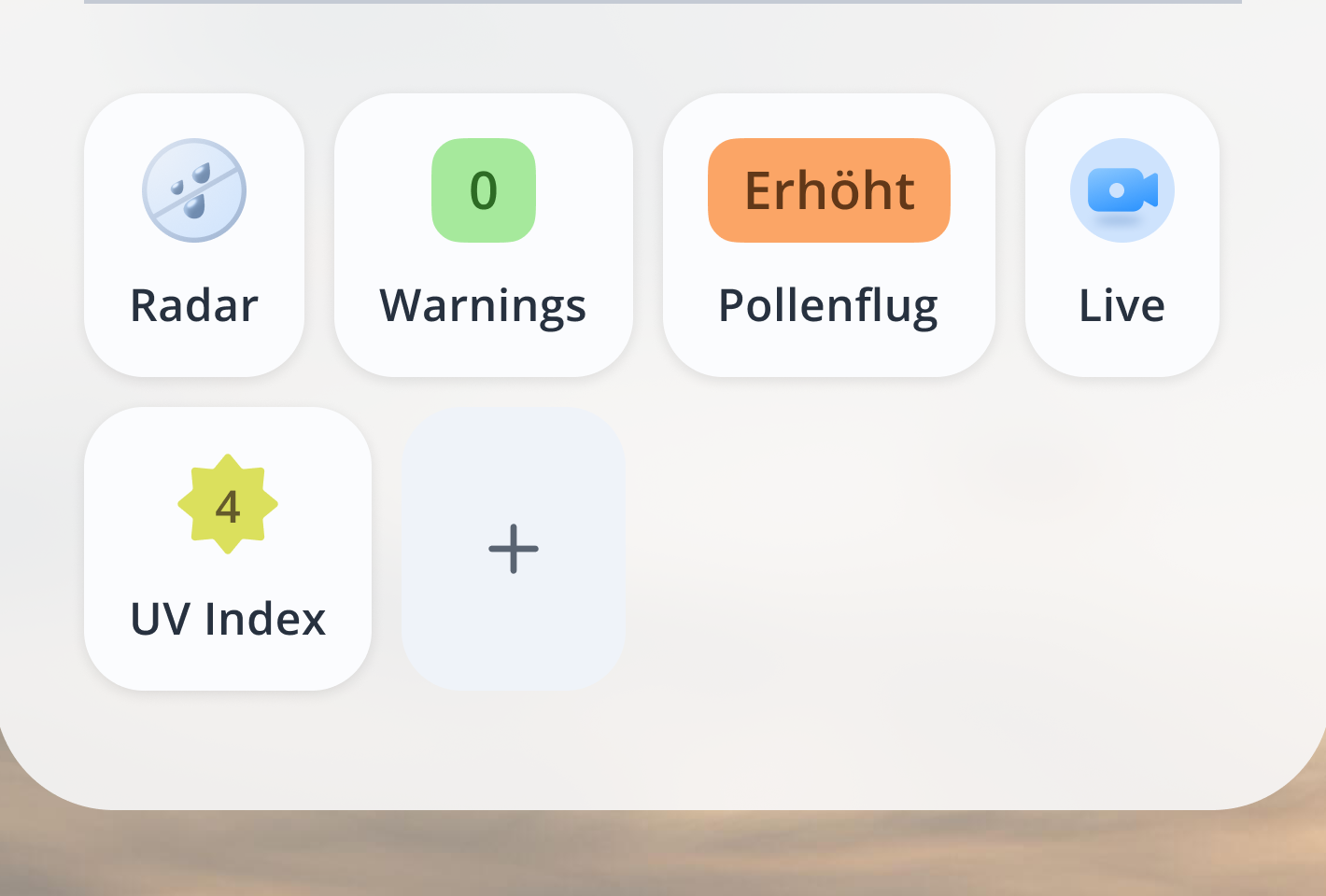 Glanceable feature cards — Radar, Warnings (green all-clear), Pollenflug (elevated) and Live, plus a UV index card and an add-card control