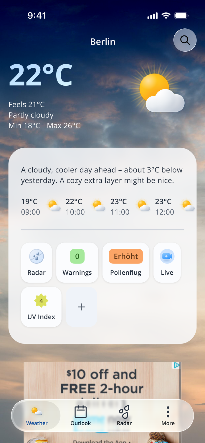 Redesigned home concept — feels-like, a friendly plain-language summary and glanceable feature cards