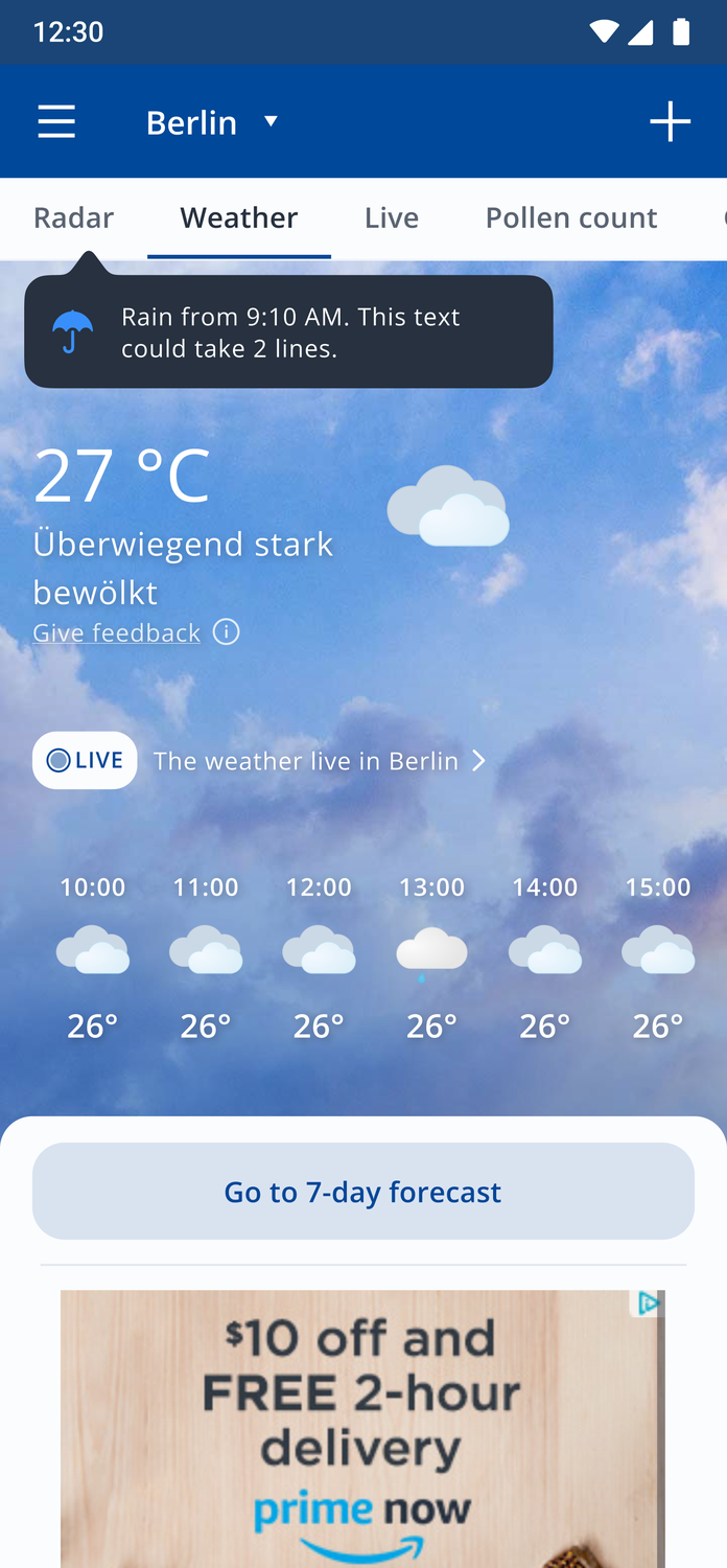 Old wetter.com Android home — dense weather tab with an intrusive ad
