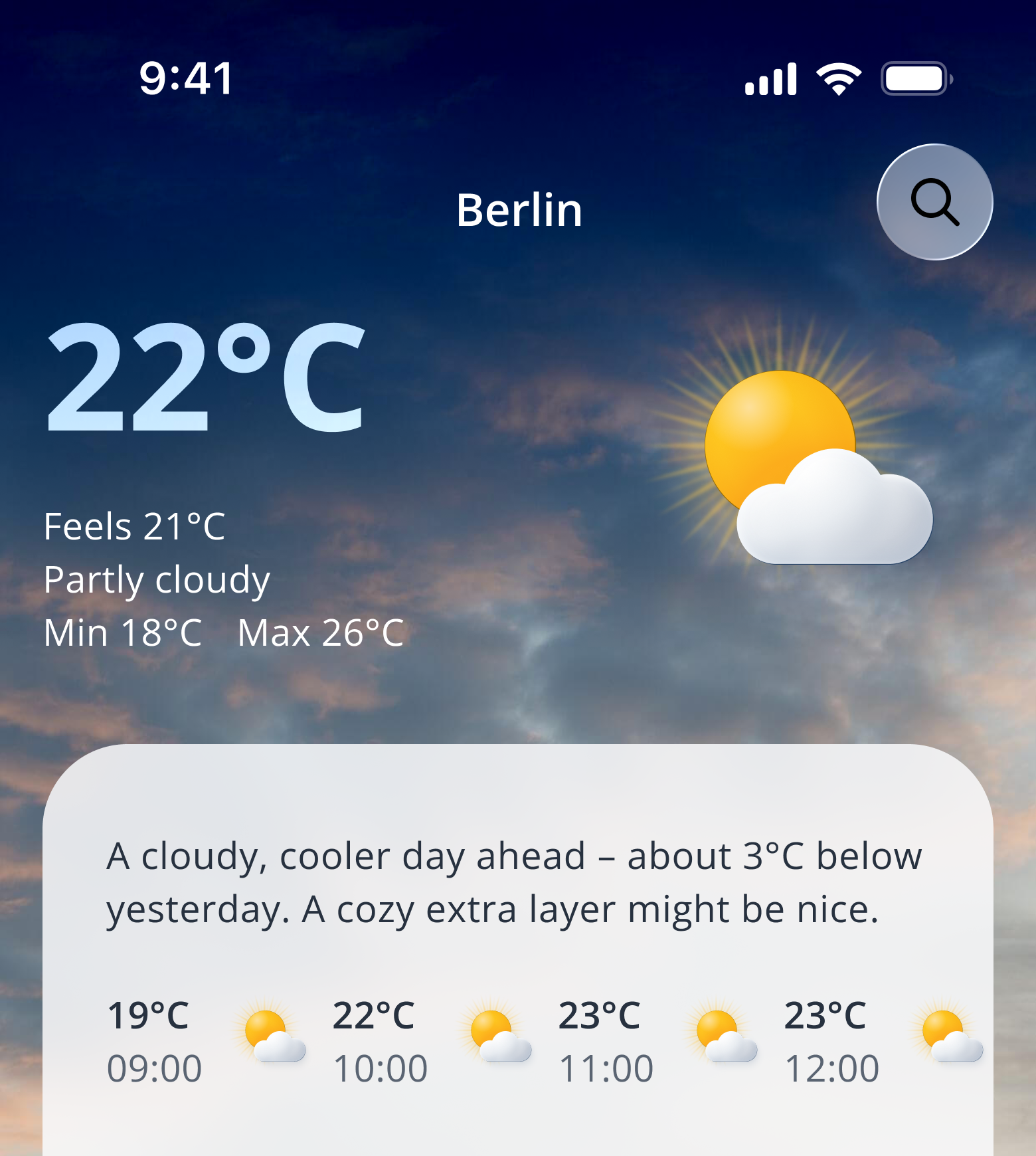 Redesigned home — current and today's weather with feels-like temperature and a warm, plain-language summary that refreshes through the day